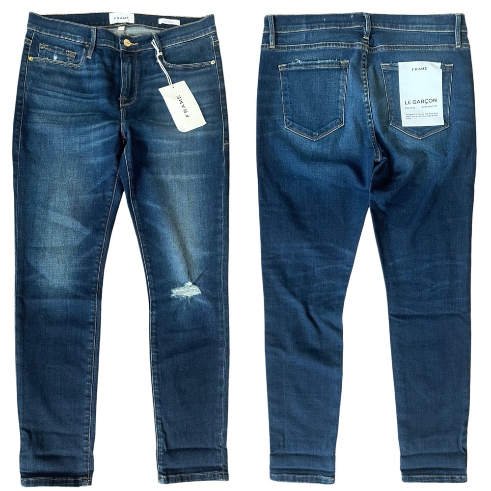 NWT Frame Le Garçon Mid Rise Straight Fit Dark Wash Jeans in Caribou Size 27